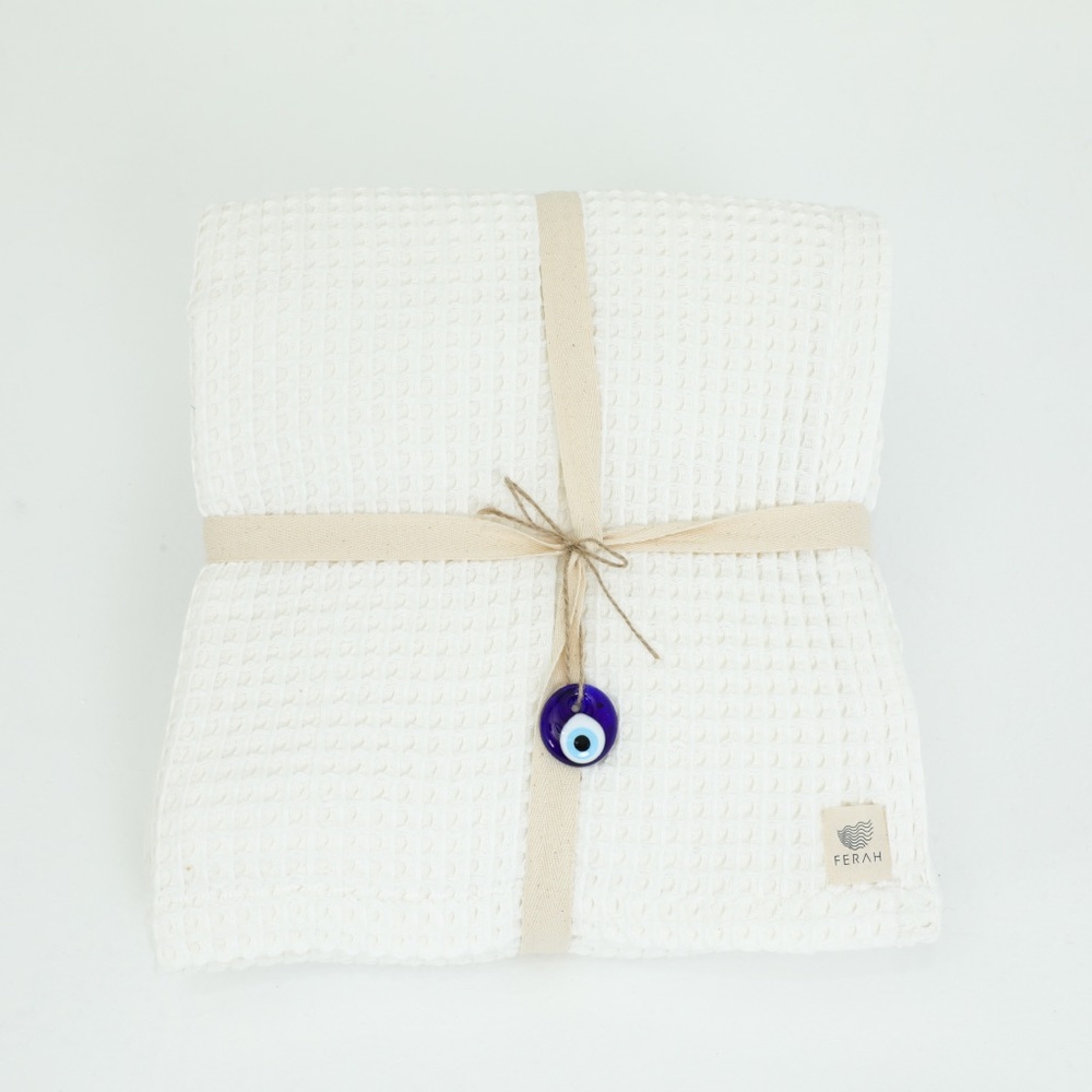 White Waffle Blanket with Evil Eye Charm